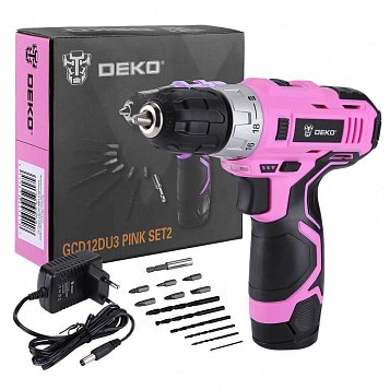 Аккумуляторная дрель-шуруповёрт DEKO GCD12DU3 PINK SET2 + оснастка 13 шт, 12В, 1х1.5Ач, з/у